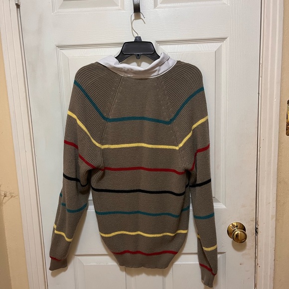 V-Neck Sweater Brown Red Striped Knit - Picture 4 of 5